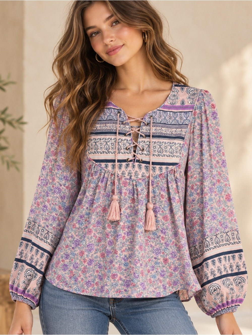 Lucky Brand Floral Paisley Boho Peasant Blouse Lace Up Tassel Pink Long Sleeve L